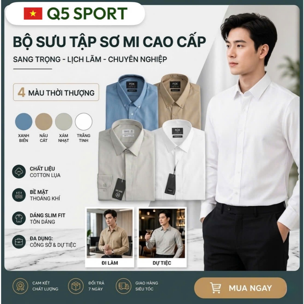 Áo Sơ Mi Nam Cao Cấp SM36 Q5 SPORT Chất Liệu Cotton Lụa Mát Mẻ - Slim Fit Tôn Dáng Đi Làm & Dự Tiệc