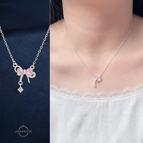 Dây chuyền bạc nữ nơ điệu trái tim Asimi Lace Embrace DC76 - đeo trên mẫu