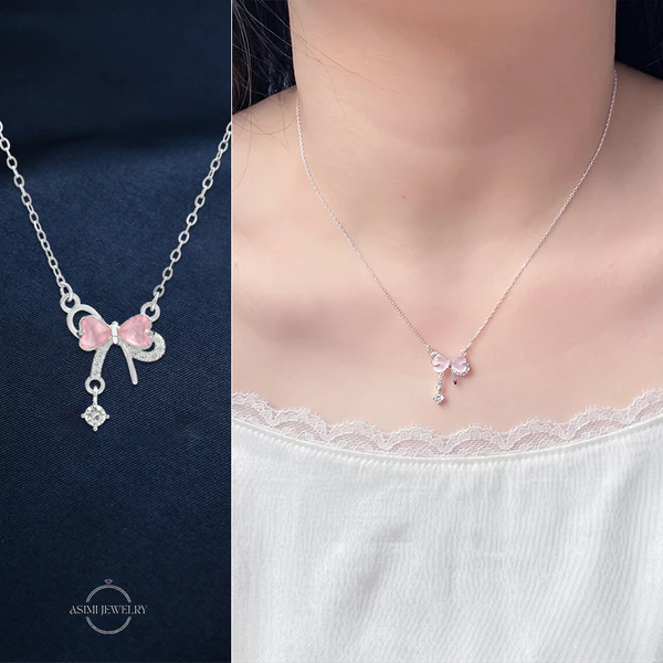 Dây chuyền bạc nữ nơ điệu trái tim Asimi Lace Embrace DC76 - đeo trên mẫu