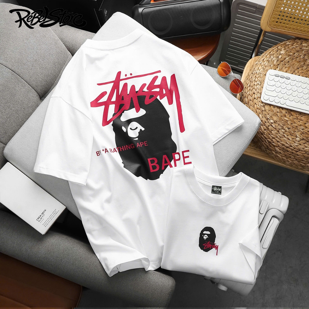 Áo Thun Stussy x BAPE Ape Face Form Rộng Unisex Cotton 280GSM – REBEL STORE