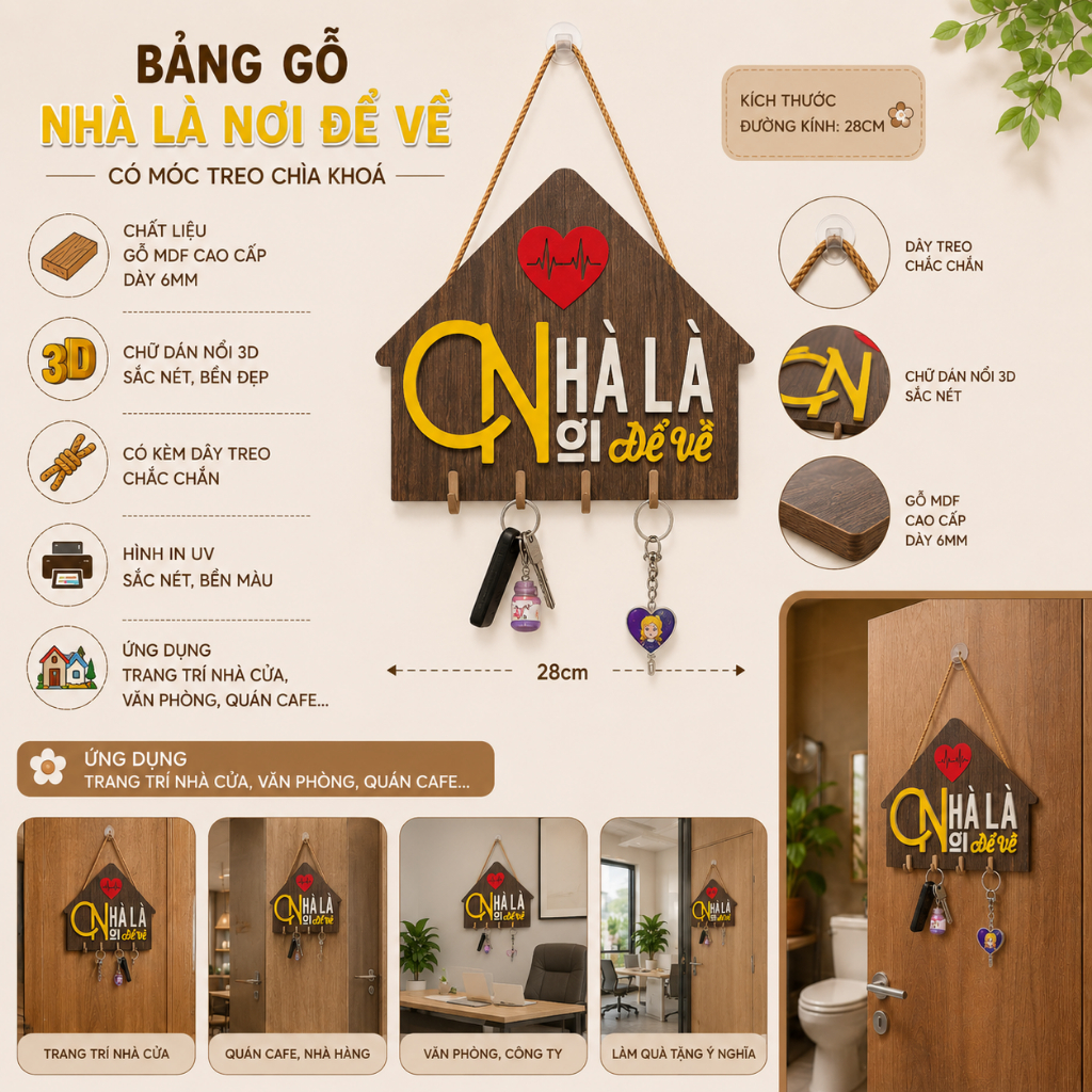 Bảng Gỗ Nhà Là Nơi Để Về, Bảng Gỗ Decor Có Treo Móc Chìa Khoá Tiện Lợi