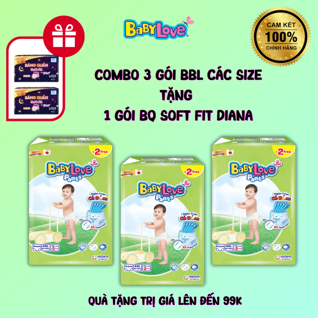 [COMBO 3 GÓI] TÃ QUẦN BABY LOVE TẶNG 1 GÓI BQ SOFT FIT DIANA