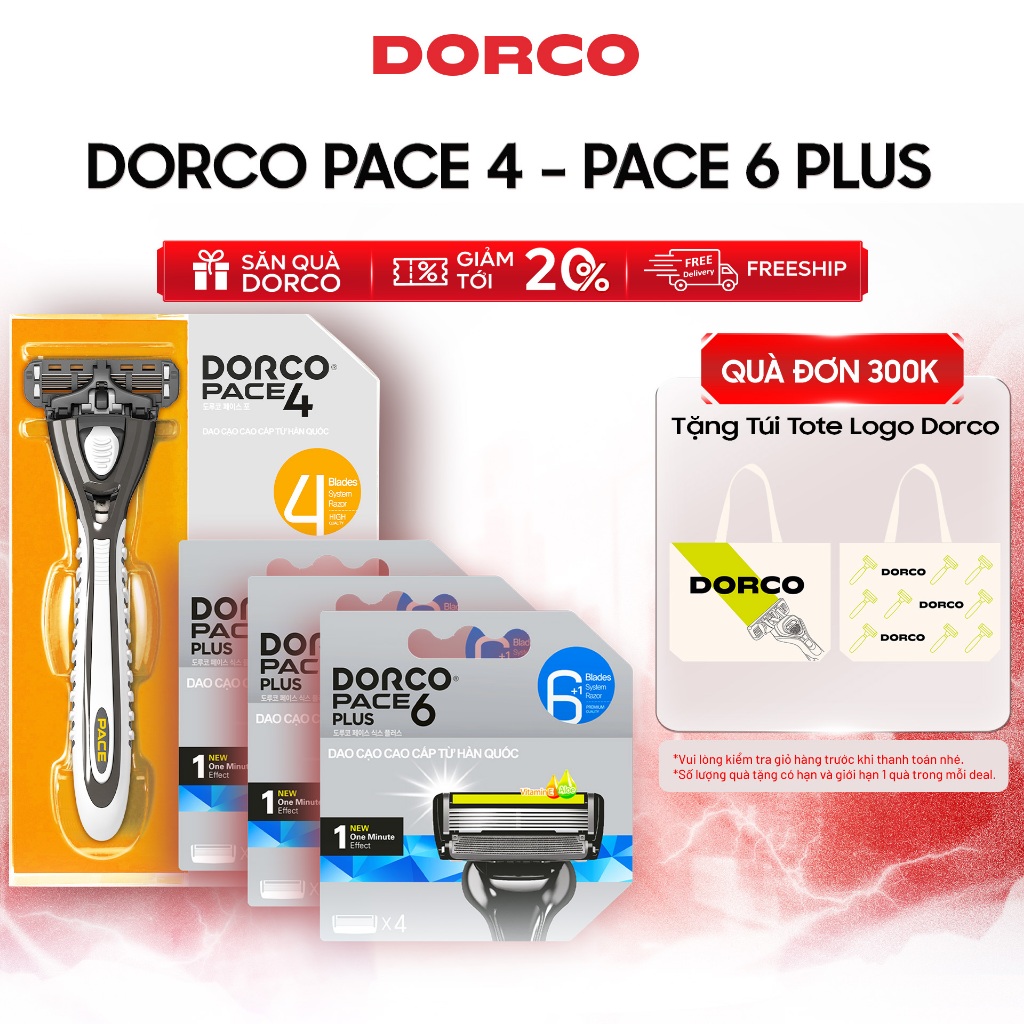 Combo 3 Hộp Đầu Cạo 6 Luỡi DORCO PACE 6 PLUS Tặng Dao Cạo Râu DORCO PACE 4 - 3xSXA5040-B & FRA1001-P
