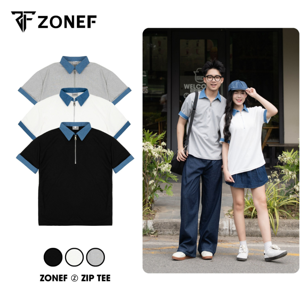 Áo Polo Cổ Zip Phối Sơ Mi Jean By ZONEF STUDIO, Polo Cổ Bẻ Nam Nữ Unisex Vải Cotton Tổ Ong Thoáng Má