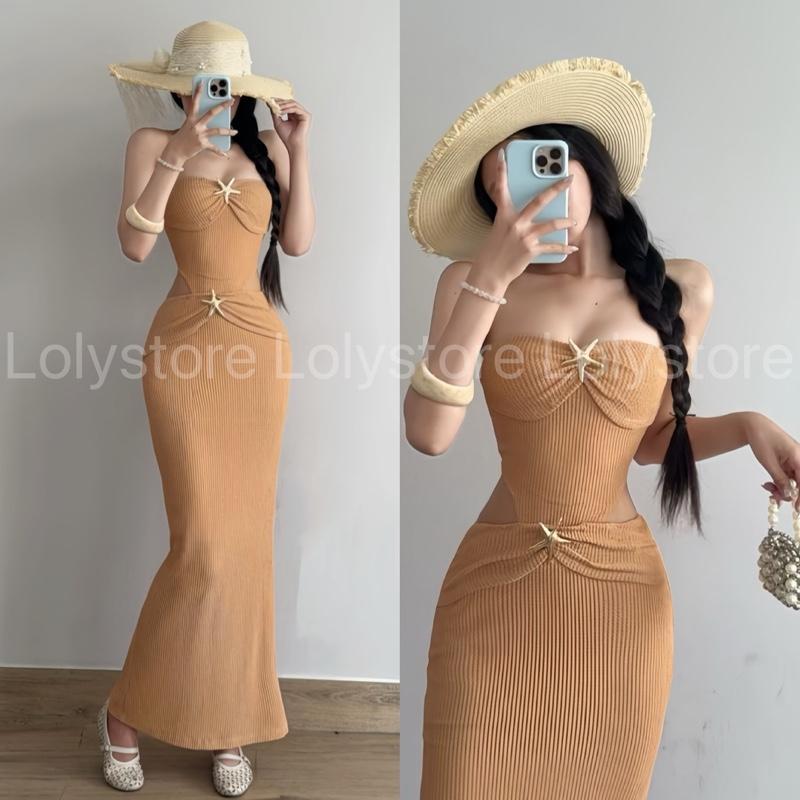 ( CÓ BIGSIZE ) Đầm body nữ đi biển thiết kế cut eo đính charm đơn điệu sang chảnh Lolystore dress women HL254 | BigBuy360 - bigbuy360.vn