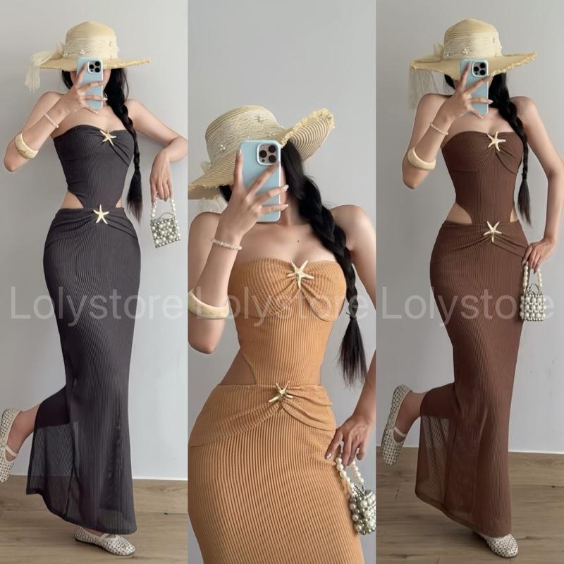 ( CÓ BIGSIZE ) Đầm body nữ đi biển thiết kế cut eo đính charm đơn điệu sang chảnh Lolystore dress women HL254