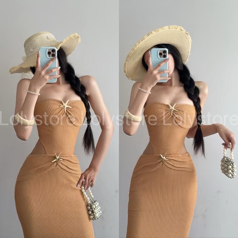( CÓ BIGSIZE ) Đầm body nữ đi biển thiết kế cut eo đính charm đơn điệu sang chảnh Lolystore dress women HL254 | BigBuy360 - bigbuy360.vn