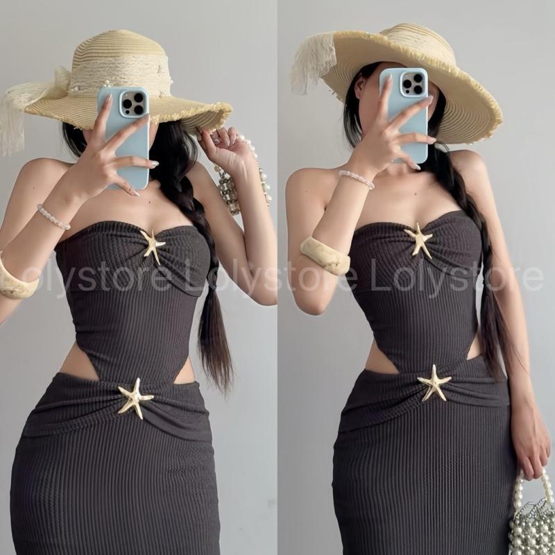 ( CÓ BIGSIZE ) Đầm body nữ đi biển thiết kế cut eo đính charm đơn điệu sang chảnh Lolystore dress women HL254 | BigBuy360 - bigbuy360.vn