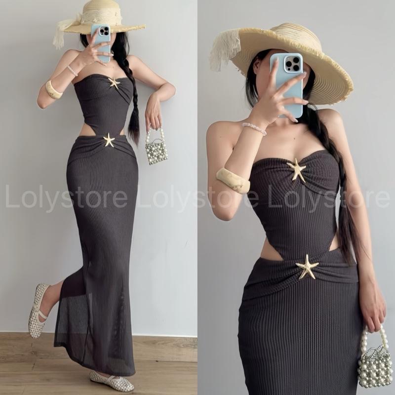 ( CÓ BIGSIZE ) Đầm body nữ đi biển thiết kế cut eo đính charm đơn điệu sang chảnh Lolystore dress women HL254 | BigBuy360 - bigbuy360.vn