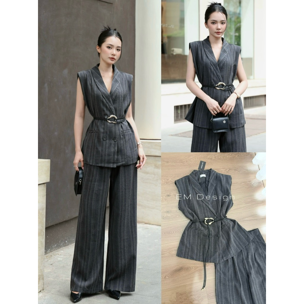 [EM CHIC] Set vest thiết kế dáng xuông cá tính hoạ tiết kẻ hách dáng thời thượng
