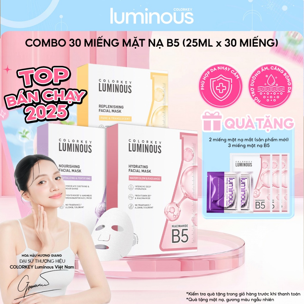 Mặt Nạ Giấy COLORKEY LUMINOUS | COMBO 3 HỘP| Tinh Chất Vitamin B5 Cấp Ẩm Cho Da Mịn Màng 25ml x 30 miếng