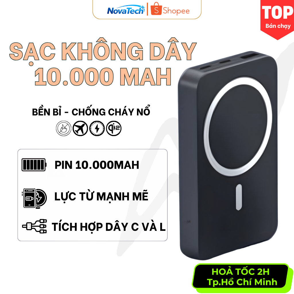Sạc dự phòng không dây 10.000mAh, sạc nhanh từ tính - Có kèm 2 dây sạc - Hít nam châm mạnh mẽ | BigBuy360 - bigbuy360.vn