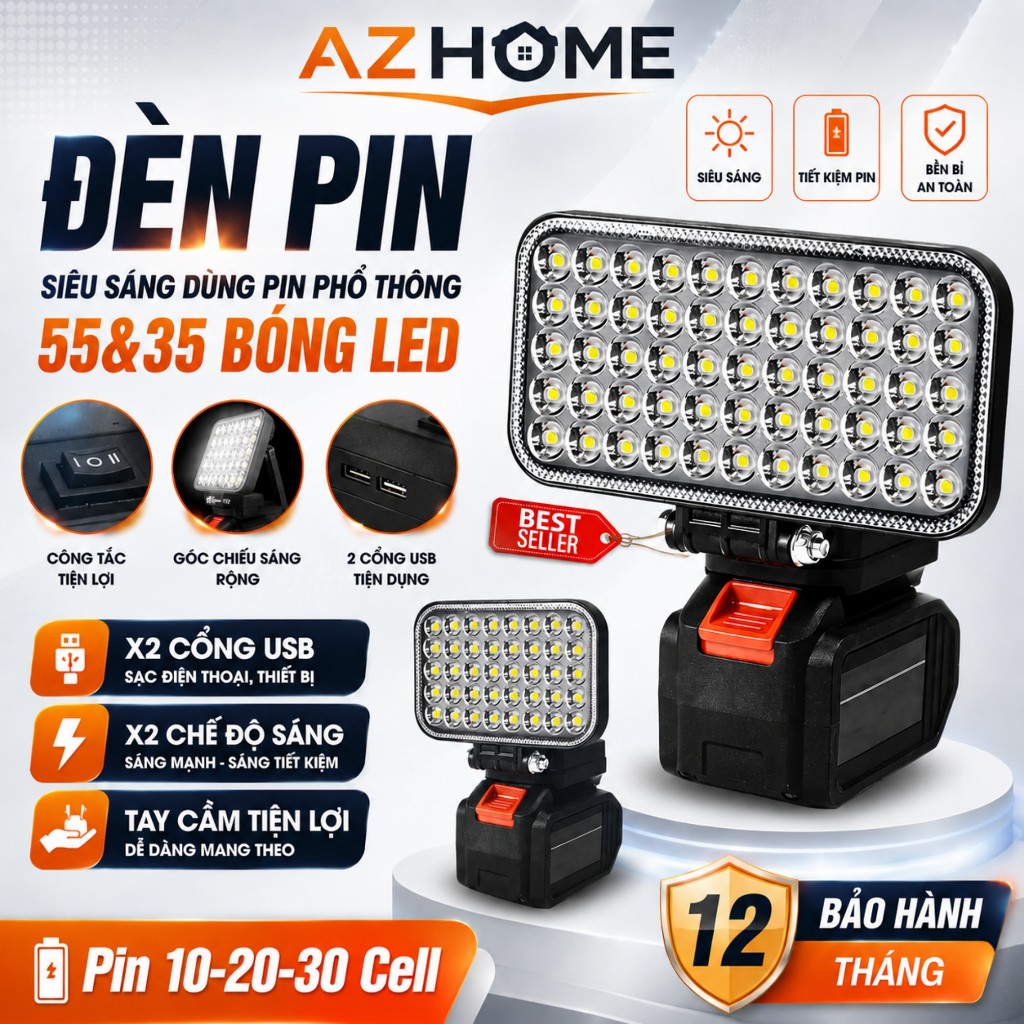 Đèn led 35/55 mắt siêu sáng sử dụng chân pin phổ thông MAKITA có 2 chế độ sáng, có 2 cổng sạc USB, tay cầm tiện lợi