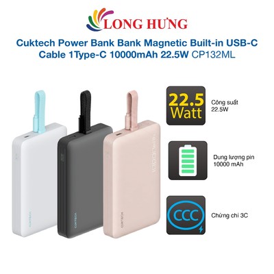 Sạc dự phòng Cuktech Power Bank Bank Magnetic Built-in USB-C Cable 1Type-C 10000mAh 22.5W CP132ML - Hàng chính hãng