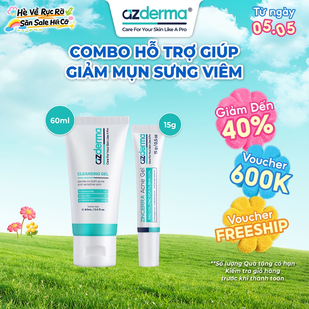 Combo Hỗ Trợ Giúp Giảm Mụn Sưng Viêm Azderma Zincerra Acne Gel 15g, Cleansing Gel Azderma 60ml