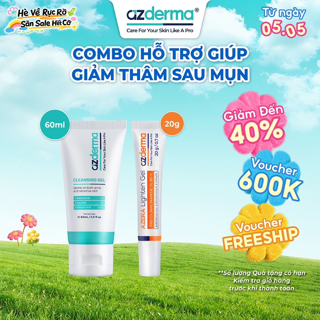 Combo Hỗ Trợ Giúp Giảm Thâm Sau Mụn Cleansing Gel Azderma 60ml, Azera Lighten Gel Azderma 20g