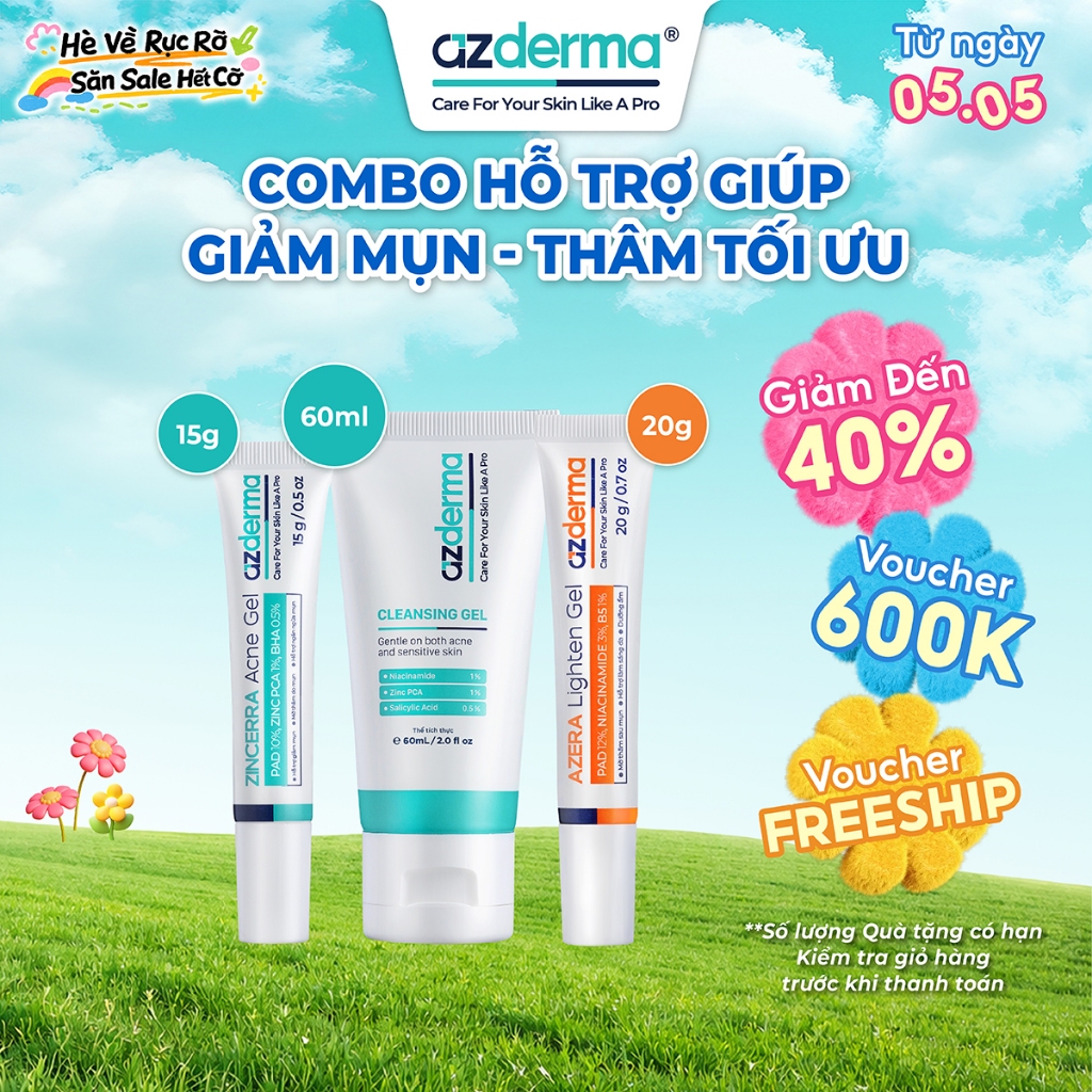 Combo Giúp Giảm Mụn Ngừa Thâm Tối Ưu Azderma Zincerra Acne Gel 15g, Cleansing Gel Azderma 60ml, Azer