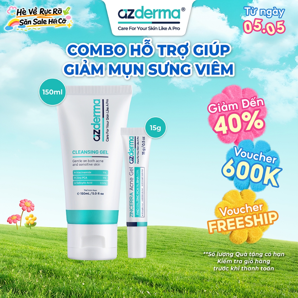 Combo Hỗ Trợ Giúp Giảm Mụn Sưng Viêm Azderma Zincerra Acne Gel 15g, Cleansing Gel Azderma 150ml
