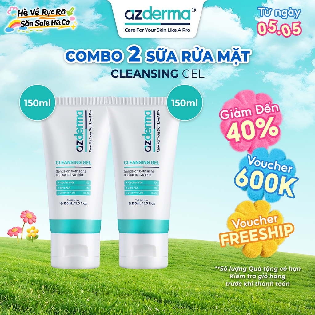 Combo 2 Sữa Rửa Mặt Cho Da Dầu Mụn Cleansing Gel Azderma 150ml