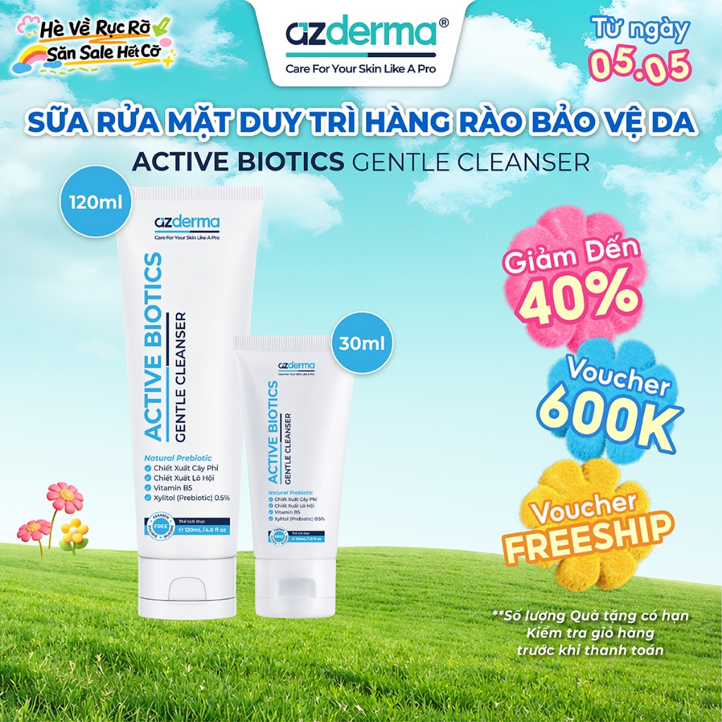 Sữa rửa mặt Azderma Active Biotics Gentle Cleanser dành cho da khô, da thường và da nhạy cảm duy trì