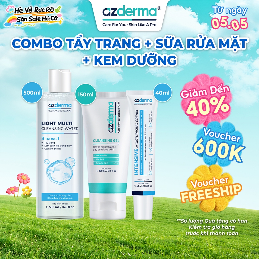 Combo Làm Sạch và Dưỡng Ẩm, sữa rửa mặt Cleansing Gel 150ml, nước tẩy trang 500ml và kem dưỡng ẩm  A