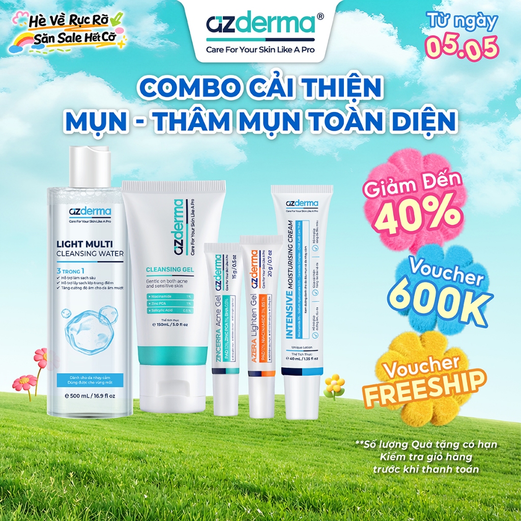 Combo cải thiện mụn , thâm toàn diện Azderma gồm tẩy trang , sữa rửa mặt , gel giảm mụn , gel giảm t