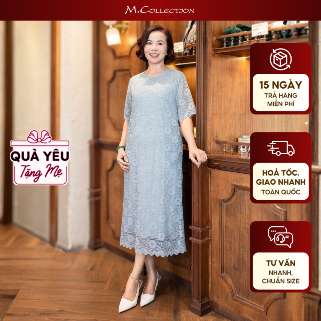 M COLLECTION | Váy Đầm Suông Nữ Trung Niên Tặng Mẹ Viền Ren Thêu Hoa Lót Thun Cổ Tròn Có Túi D12703