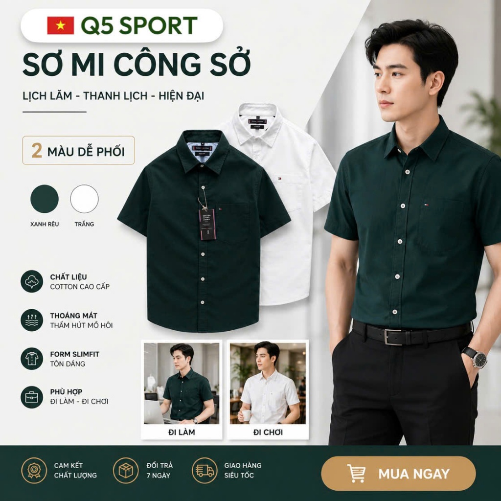Áo Sơ Ngắn Tay Nam SM27 Q5 SPORT Chất Liệu Cotton Cao Cấp Thoáng Mát Thấm Hút Mồ Hôi - Form Slimfit