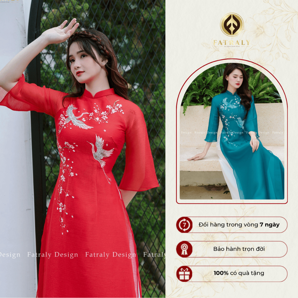 [FV01] Áo dài nữ tơ lót lụa 4 tà, tay loe lỡ kết hợp hoạ tiết vẽ tay cao cấp | FATRALY