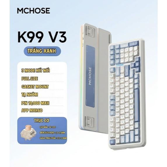Bàn phím cơ không dây full size Mchose K99 V3 - 3 Mode - Pin 10000 - Mạch Xuôi 5 pin - LED RGB - Tạ nhôm | BigBuy360 - bigbuy360.vn