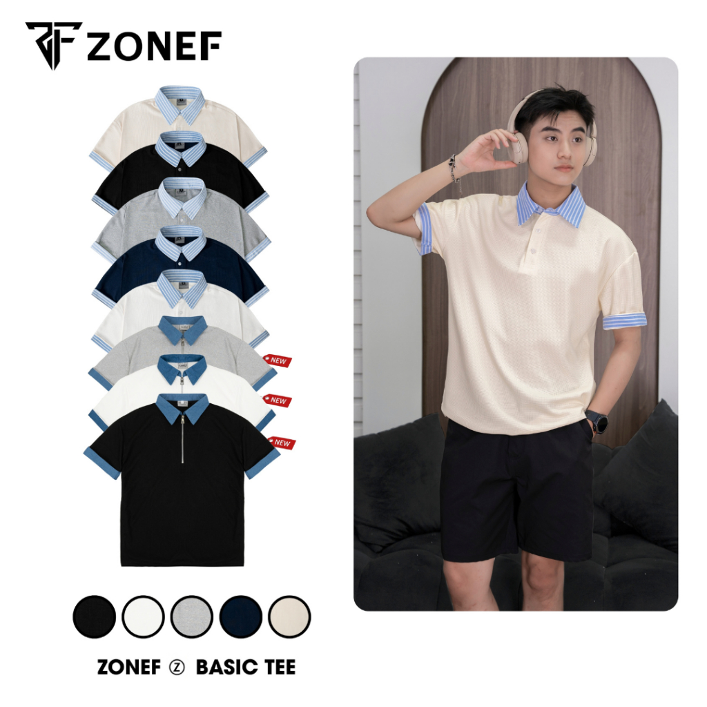 Áo Polo Ngắn Tay Phối Sơ Mi ZONEF STUDIO Kẻ Sọc Xanh Cổ Bẻ Nam Nữ Unisex Vải Cotton Tổ Ong Cao Cấp T