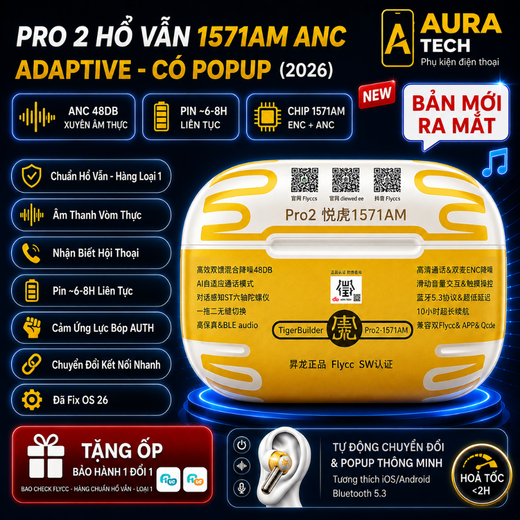 Tai Nghe Hổ Vằn Pro 2 1571AM, Tai Nghe Bluetooth Pro 2 Chống Ồn ANC 48DB - Nhận Biết Cuộc Hội Thoại