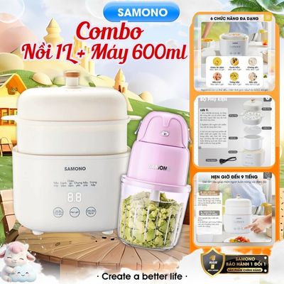 (BH 1 năm) Combo nồi nấu chậm 1 Lít Samono SW-SC10 và máy xay ăn dặm 600ml cho bé SW-MFC600, cối thủy tinh