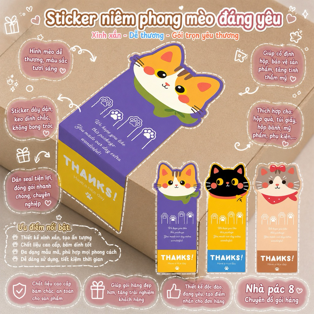 [SET 30 CÁI] TEM TAG NHÃN DÁN MÈO THANK YOU SIU CUTE MIX ĐỦ HÌNH SIZE TO 6X15CM