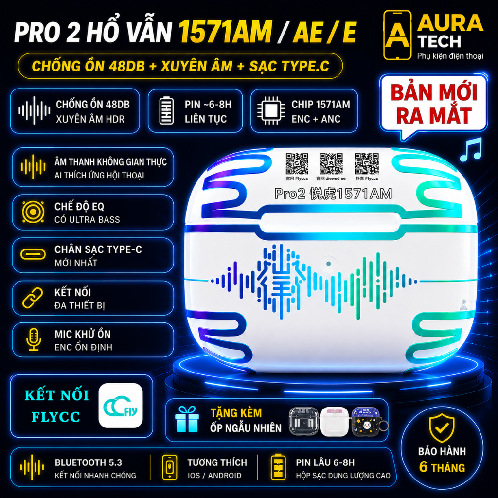 Tai nghe Bluetooth PRO 2 Hổ Vằn 1571AM, Chống Ồn 48dB, Âm Thanh Không Gian, Cảm Biến Hồng Ngoại (BH 