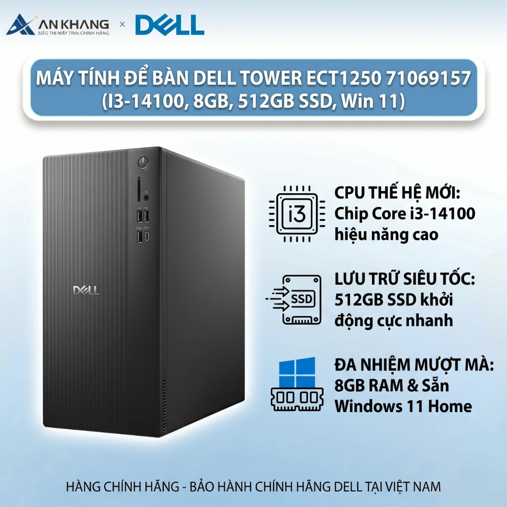 Máy Tính Bàn PC Dell Tower ECT1250 (i3 14100/ 8GB/ 512GB/Win 11 Bản Quyền) Chính Hãng Bảo Hành 12T
