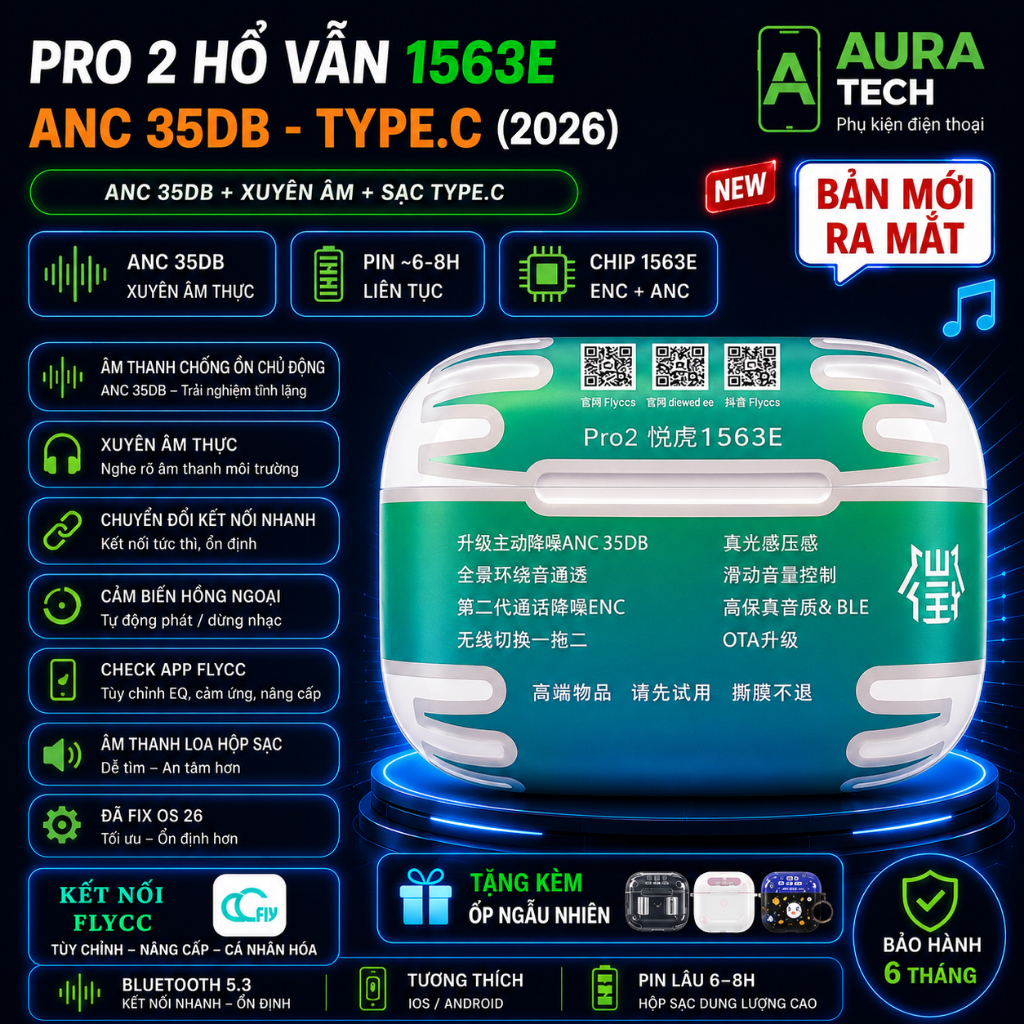 Tai Nghe Louda Hổ Vằn Pro 2 1563E | ANC 40dB | Định Vị | Sạc Không Dây | Cảm Ứng Mượt | Bản Lề Thép