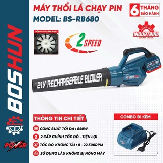 Máy thổi lá pin BOSHUN BS-RB680, 2 Cấp tốc độ, Công suất lớn  12 Cánh quạt 850W