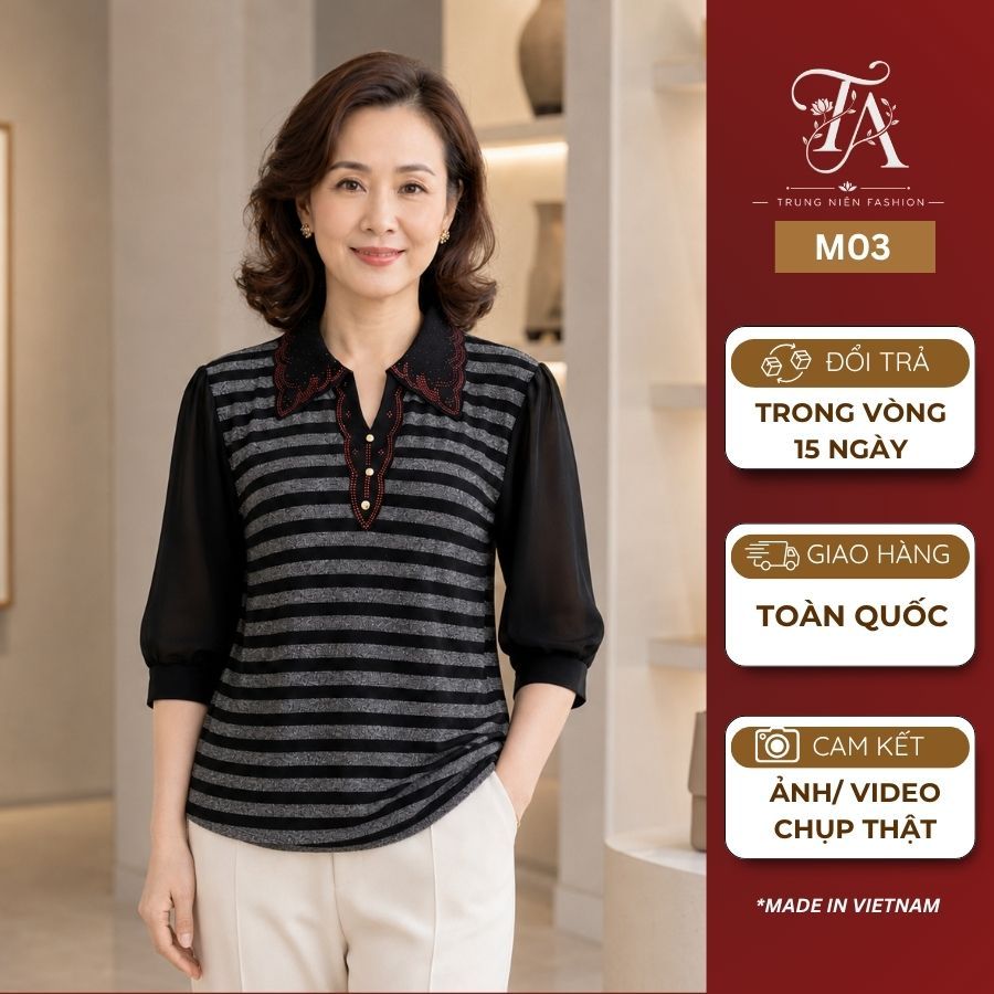 M03-ÁO THUN CỔ BẺ Chui Đầu - Áo Trung Niên THANH AN Chất Thun Kim Tuyến  Cao Cấp ,Co Giãn TốtTay Lỡ 