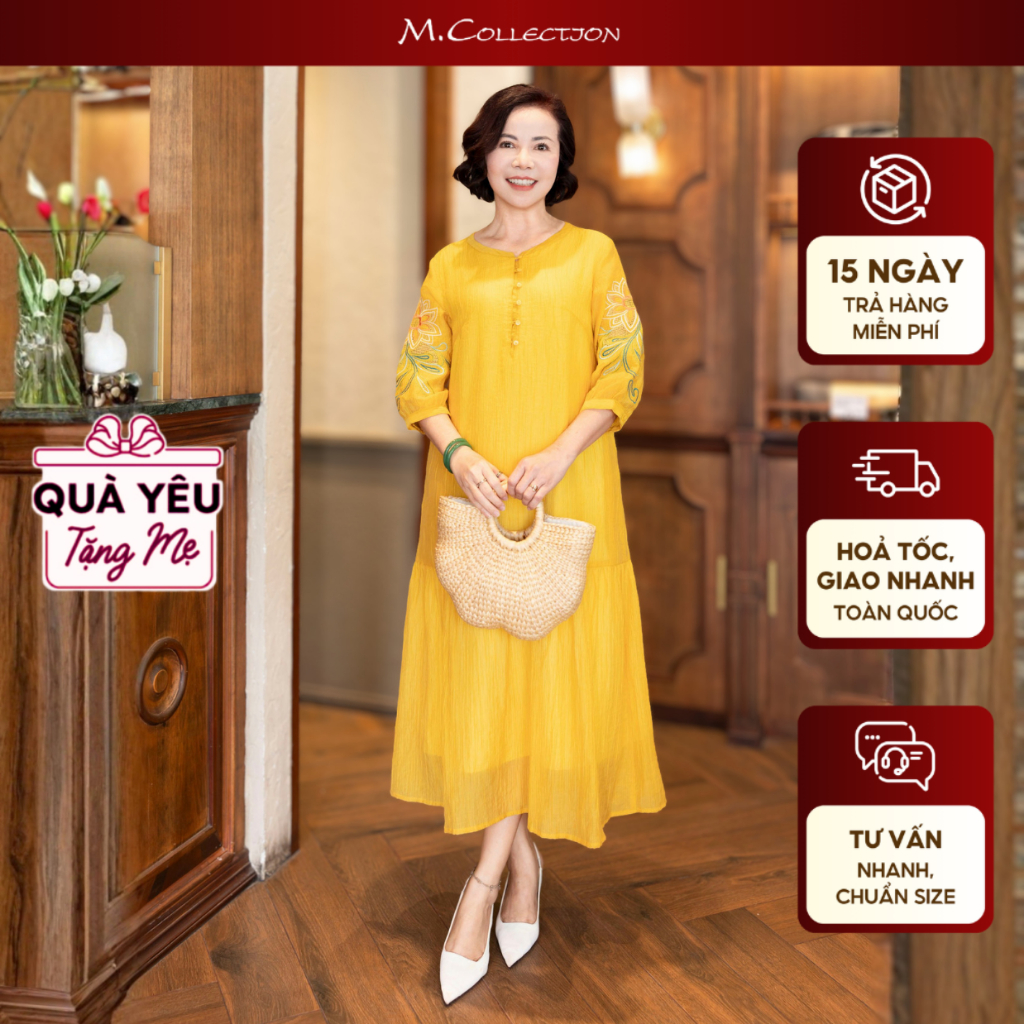 M COLLECTION | Váy Đầm Maxi Đuôi Cá Nữ Trung Niên Tặng Mẹ Cài Nút Thun Xốp Thêu Hoa Tay Lỡ D12778 | BigBuy360 - bigbuy360.vn
