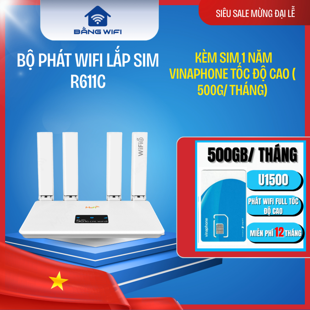 [ Siêu Rẻ ] Combo bộ phát WiFi lắp sim R611C kèm sim vinaphone 1 năm
