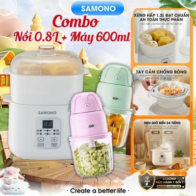 (MỚI) Combo nồi nấu chậm 0.8L Samono SW-SC08B và máy 600ml xay ăn dặm cho bé SW-MFC600 xanh-hồng