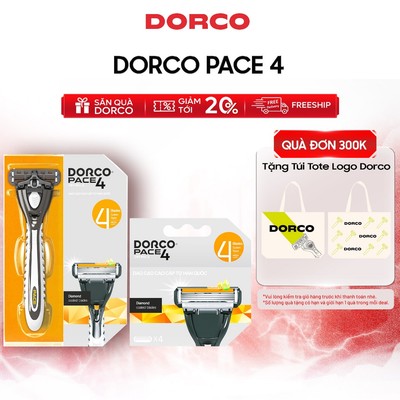 Combo Dao Cạo Râu Hàn Quốc 4 Lưỡi DORCO PACE 4 - FRA1001-PT & FRA1040-B - Gồm 1 Cán Dao và 5 Đầu Cạo