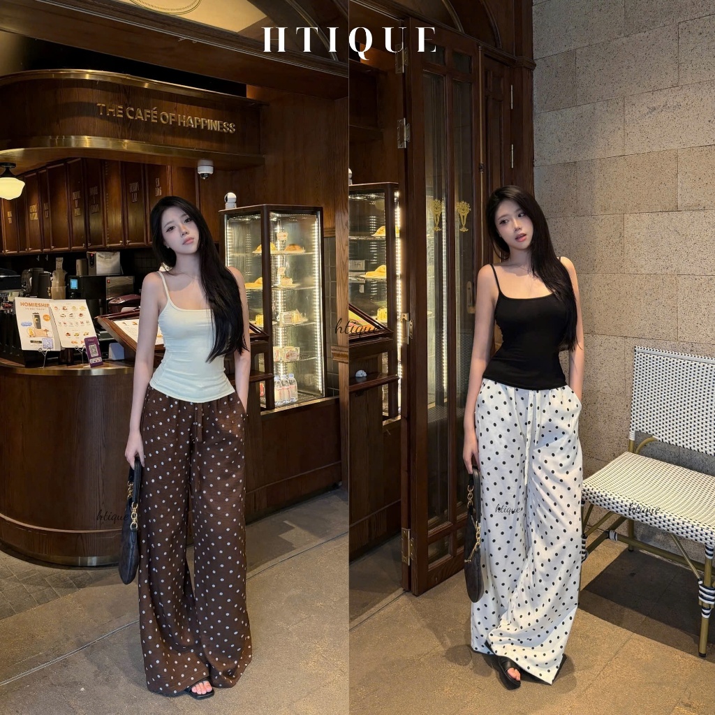 HTIQUE - DEAL mở bán Quần suông dài chấm bi cạp chun dáng rộng HTIQUE, Quần suông thoáng mát châm bi