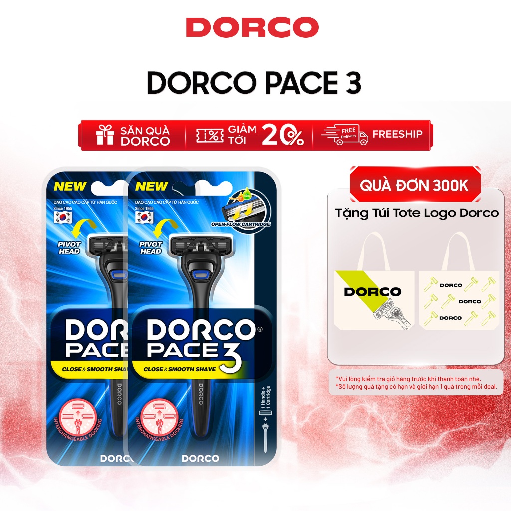 Combo Dao Cạo Râu Hàn Quốc 3 Lưỡi DORCO PACE 3 - 2xTRA4001-B - Gồm 2 Cán và 2 Đầu Cạo