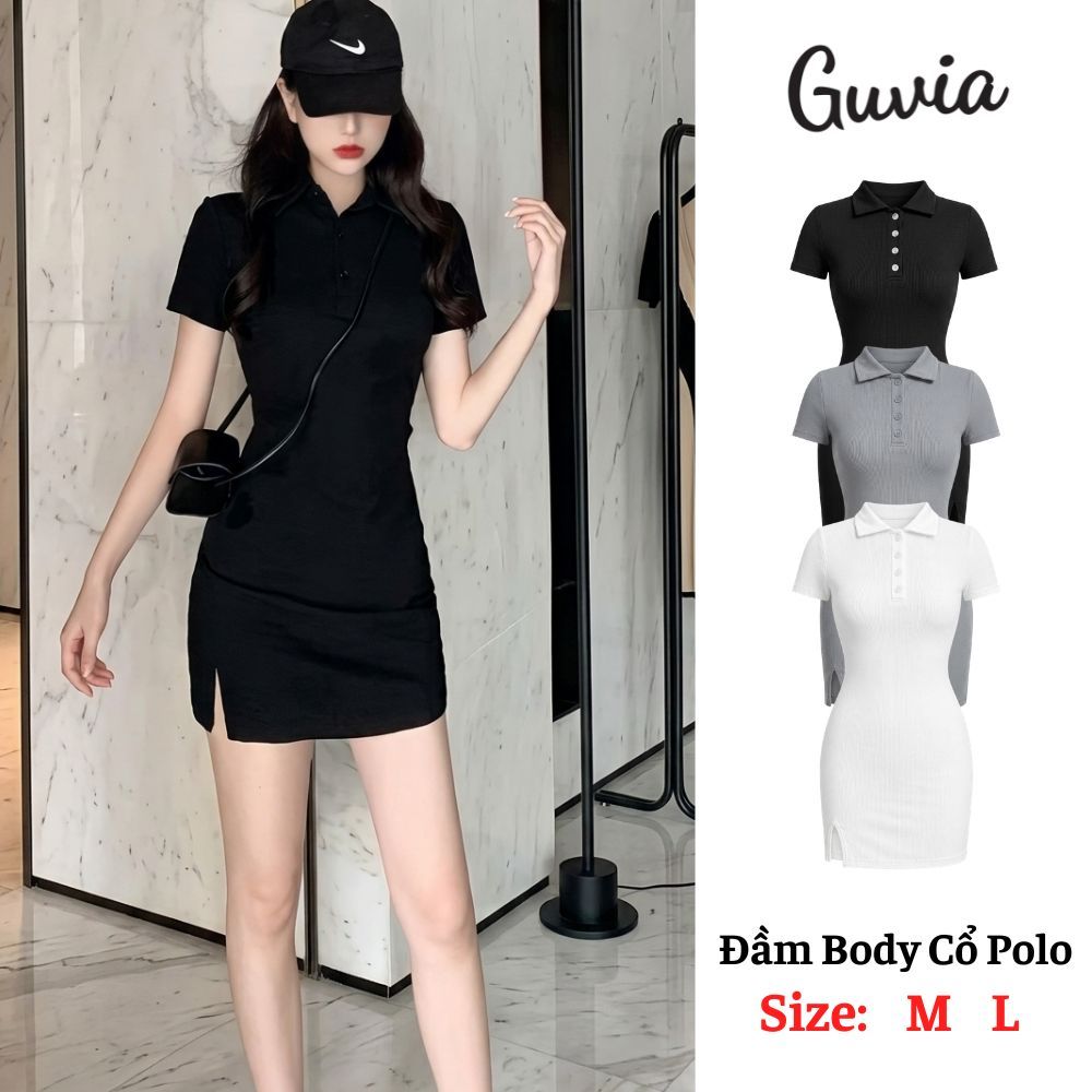 Váy Body Cổ Polo Xẻ Trước Chất Thun Gân Tăm, Đầm Ôm Sexy GUVIA DB01