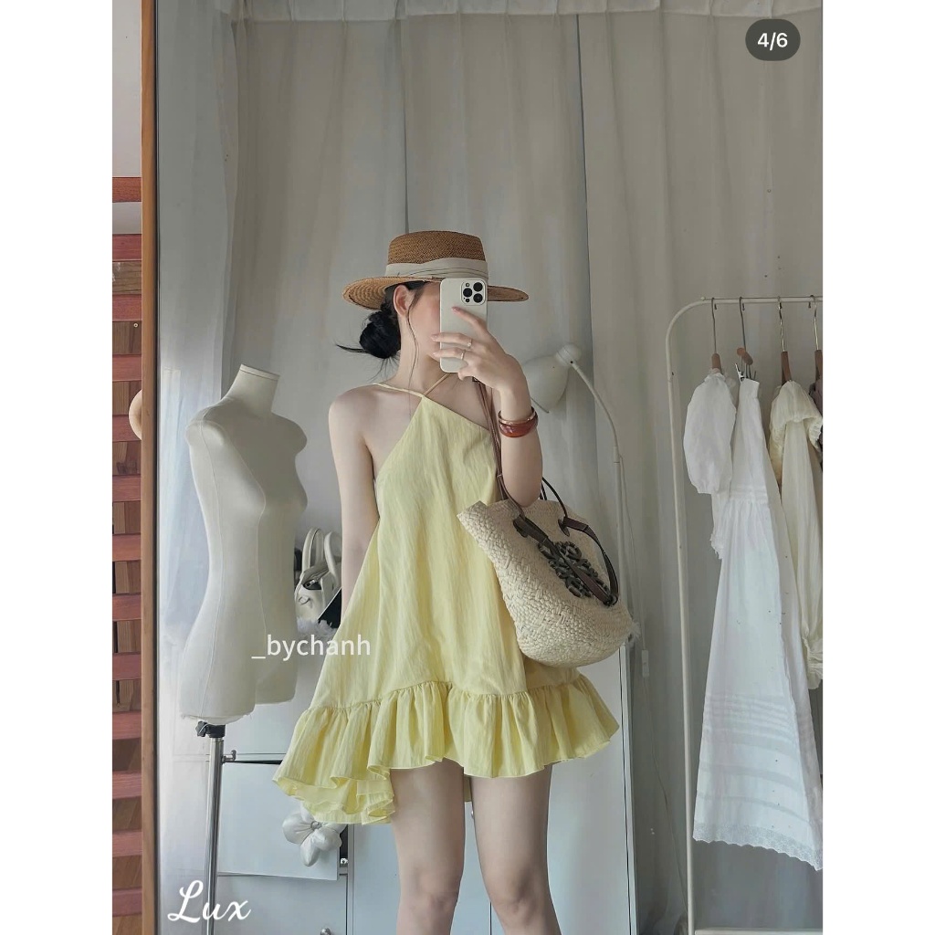 Đầm nữ 2 dây dáng yếm bèo tầng dáng xòe tiểu thư màu vàng bơ phong cách Hàn Quốc đi biển, du lịch, chụp ảnh | BigBuy360 - bigbuy360.vn