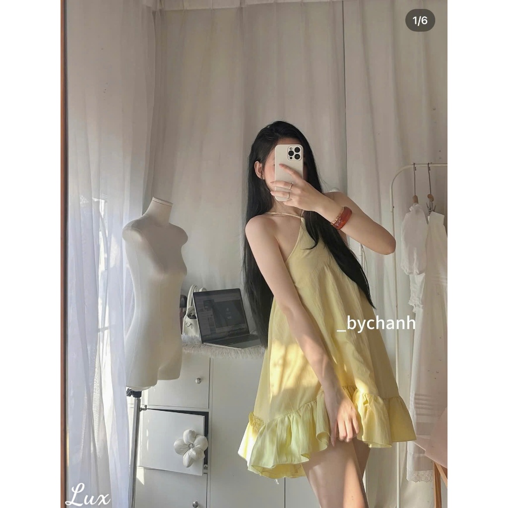 Đầm nữ 2 dây dáng yếm bèo tầng dáng xòe tiểu thư màu vàng bơ phong cách Hàn Quốc đi biển, du lịch, chụp ảnh
