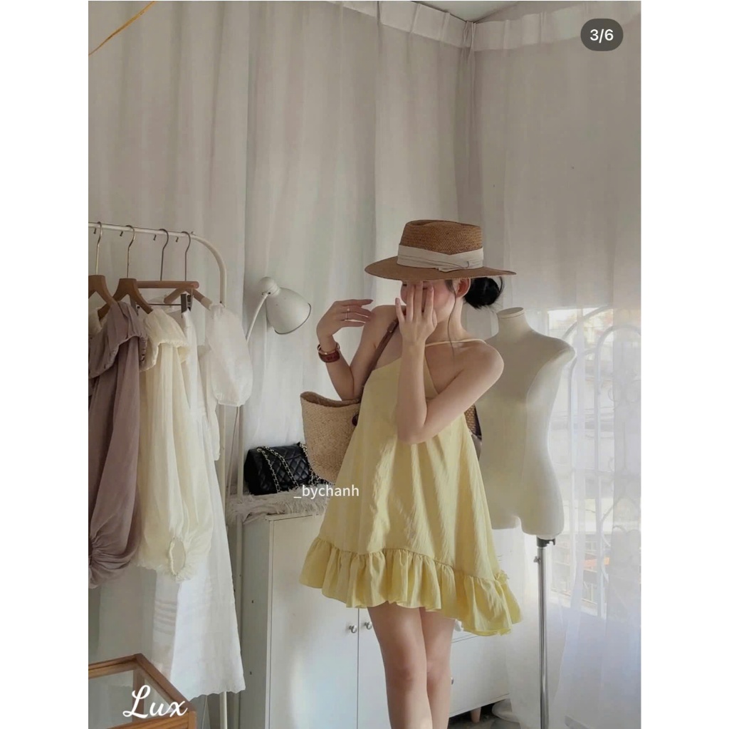 Đầm nữ 2 dây dáng yếm bèo tầng dáng xòe tiểu thư màu vàng bơ phong cách Hàn Quốc đi biển, du lịch, chụp ảnh | BigBuy360 - bigbuy360.vn