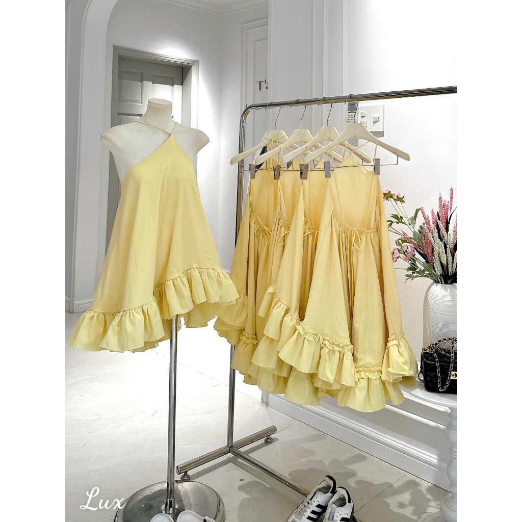 Đầm nữ 2 dây dáng yếm bèo tầng dáng xòe tiểu thư màu vàng bơ phong cách Hàn Quốc đi biển, du lịch, chụp ảnh | BigBuy360 - bigbuy360.vn